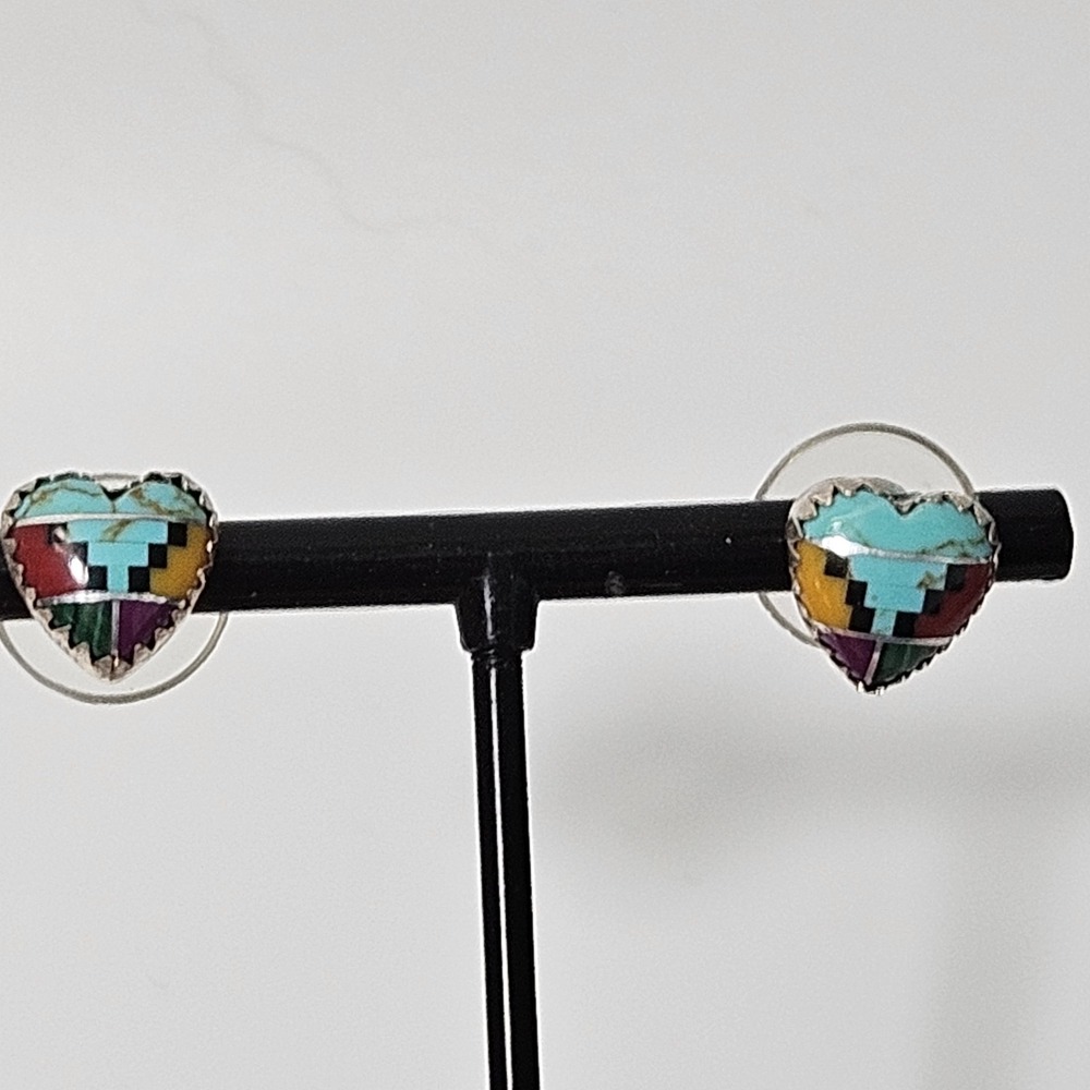 Sterling Silver Southwestern Earrings Heart Multi Color Stud
